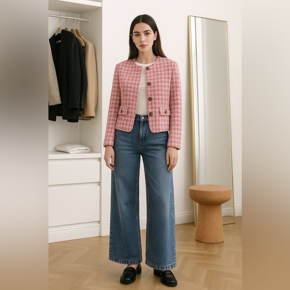 ZARA Houndstooth Tweed Crop Pink White Blazer Size S